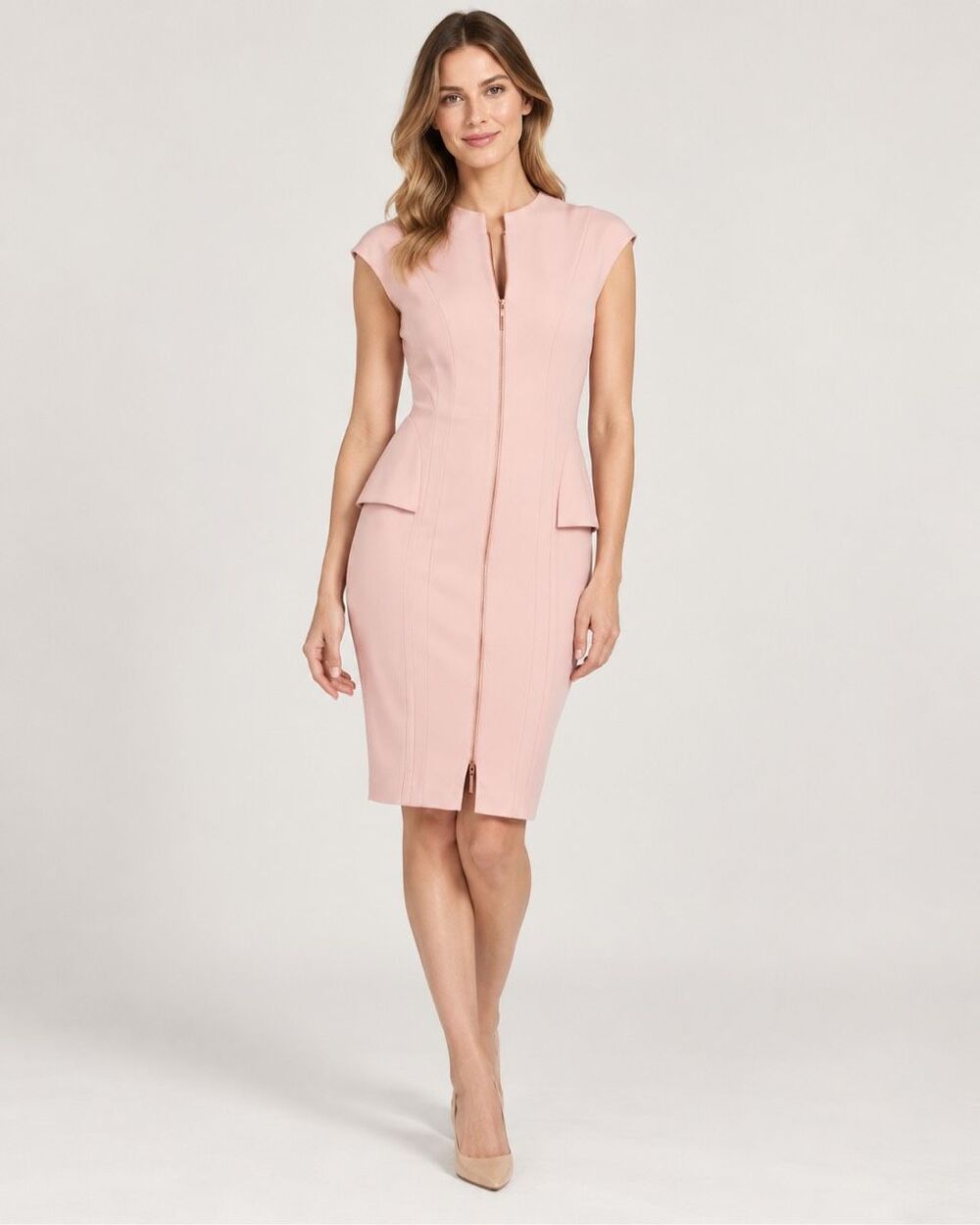 Ted Baker Sioni Blush Pink Peplum Front Zip Sheath Midi Dress Size 8